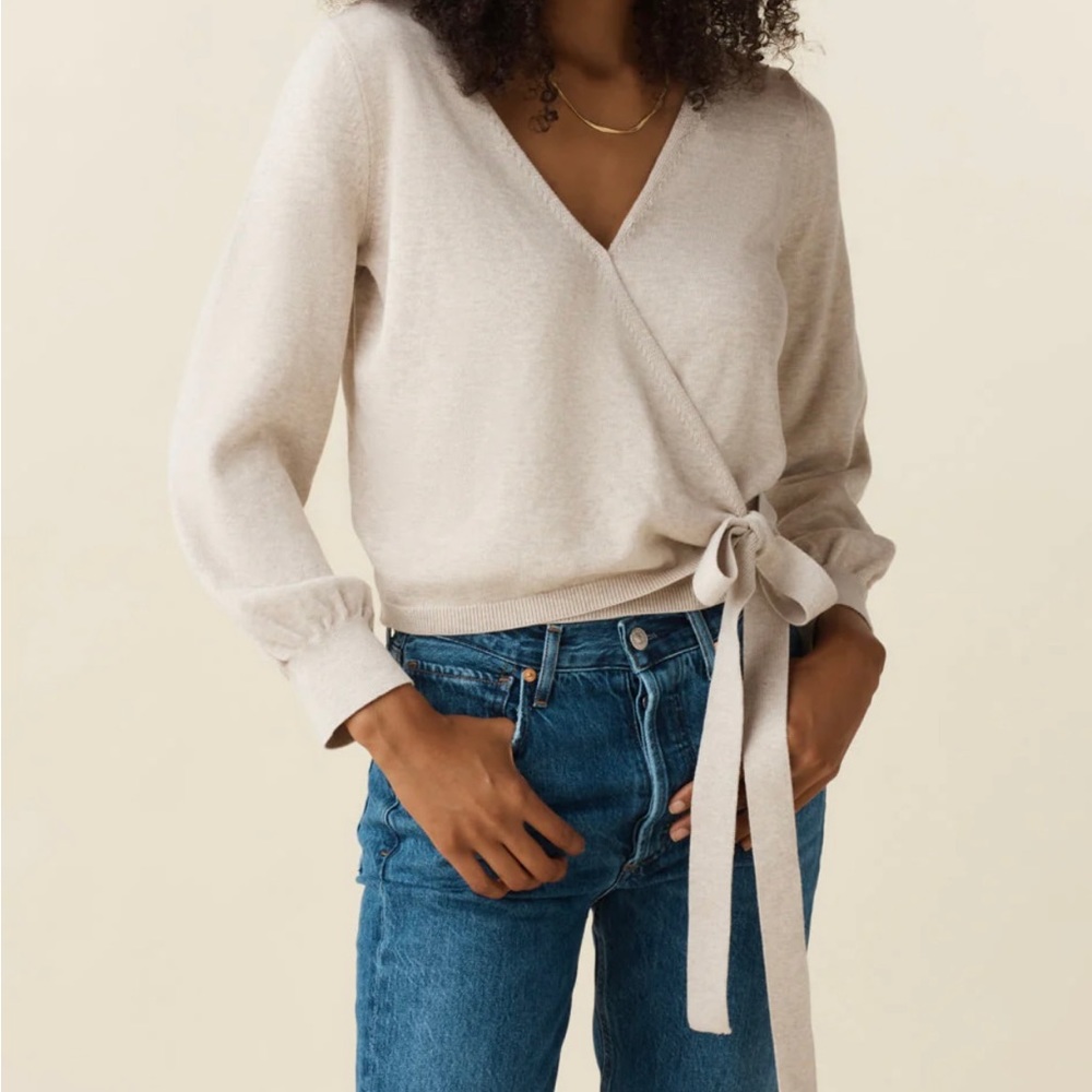 Vetta Capsule Collection. Classic Wrap Sweater, Oatmeal. Size Large